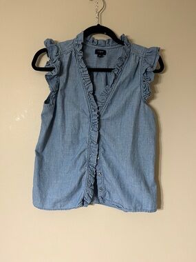 J. Crew Light Blue Ruffle Chambray Button-Front Sleeveless Top